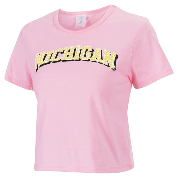 Women's ZooZatz Pink Michigan Wolverines Gingham Logo Cropped T-Shirt