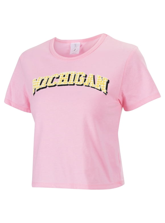 Women's ZooZatz Pink Michigan Wolverines Gingham Logo Cropped T-Shirt