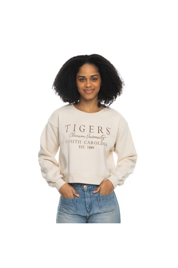 Women's ZooZatz Tan Clemson Tigers Cropped Crewneck Sweatshirt