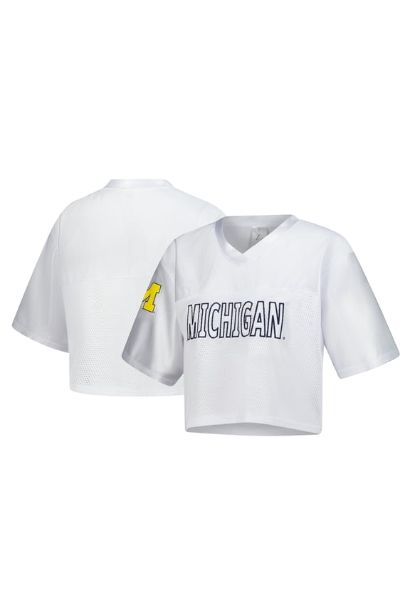 Women's ZooZatz White Michigan Wolverines Mesh Cropped V-Neck T-Shirt