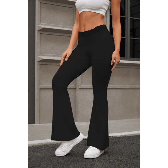 Women's adhesive lace flared pants, lace waist yoga pants with high stretch knitted fabric, lace elastic waist, long solid color casual sports yoga pants, suitable for all seasons