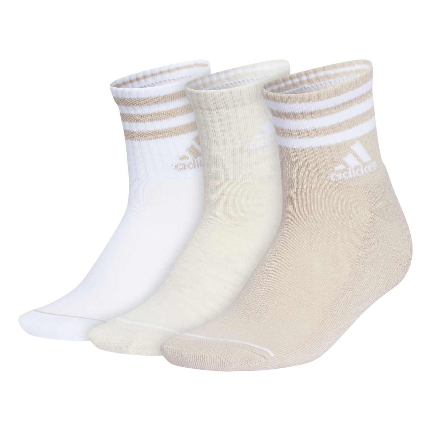 Women's adidas Cushioned 3-Stripe 3.0 High Quarter Socks 3-Pack Set Color: Beige Size: 9-11