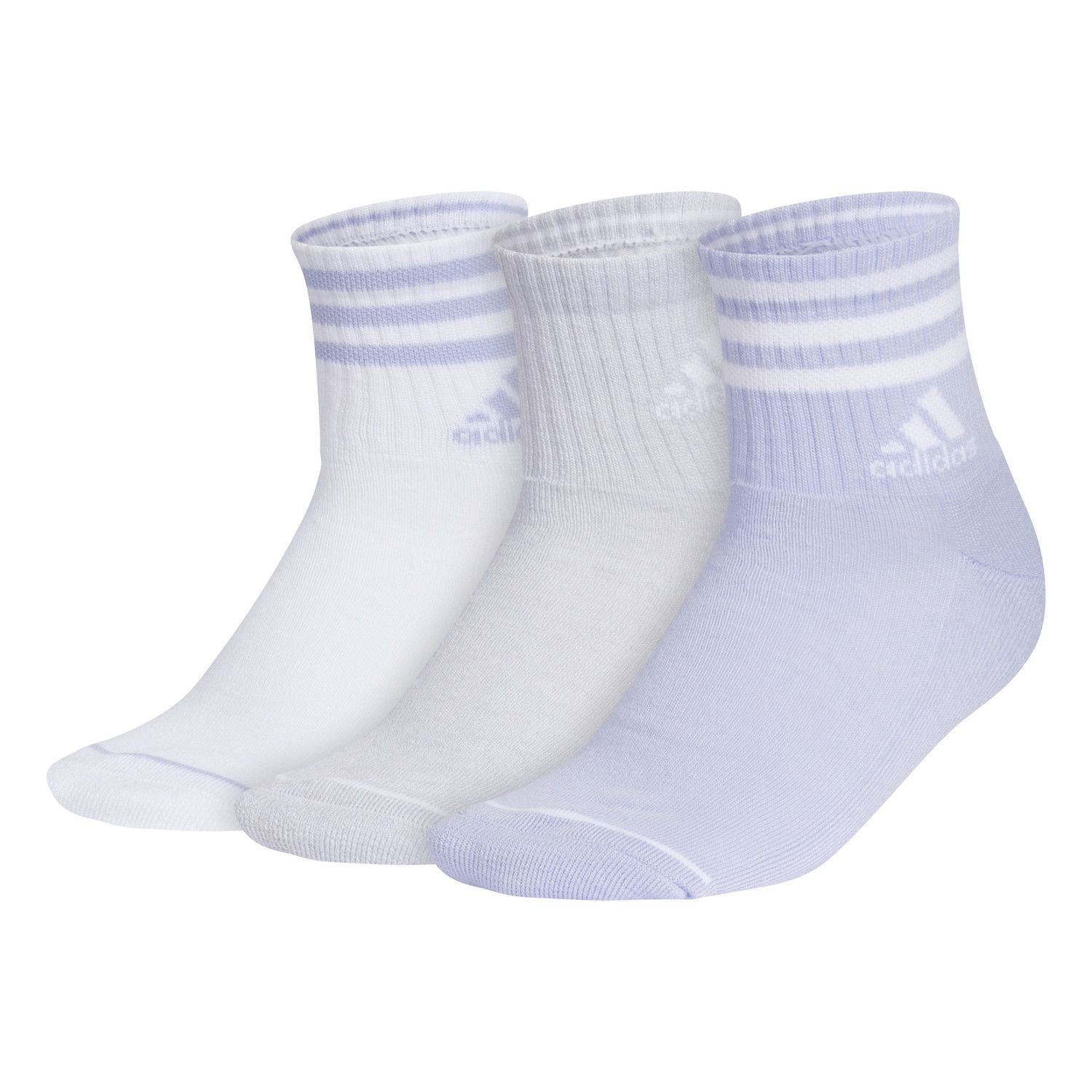 Women's adidas Cushioned 3-Stripe 3.0 High Quarter Socks 3-Pack Set Color: Violet White Grey Size: 5-10