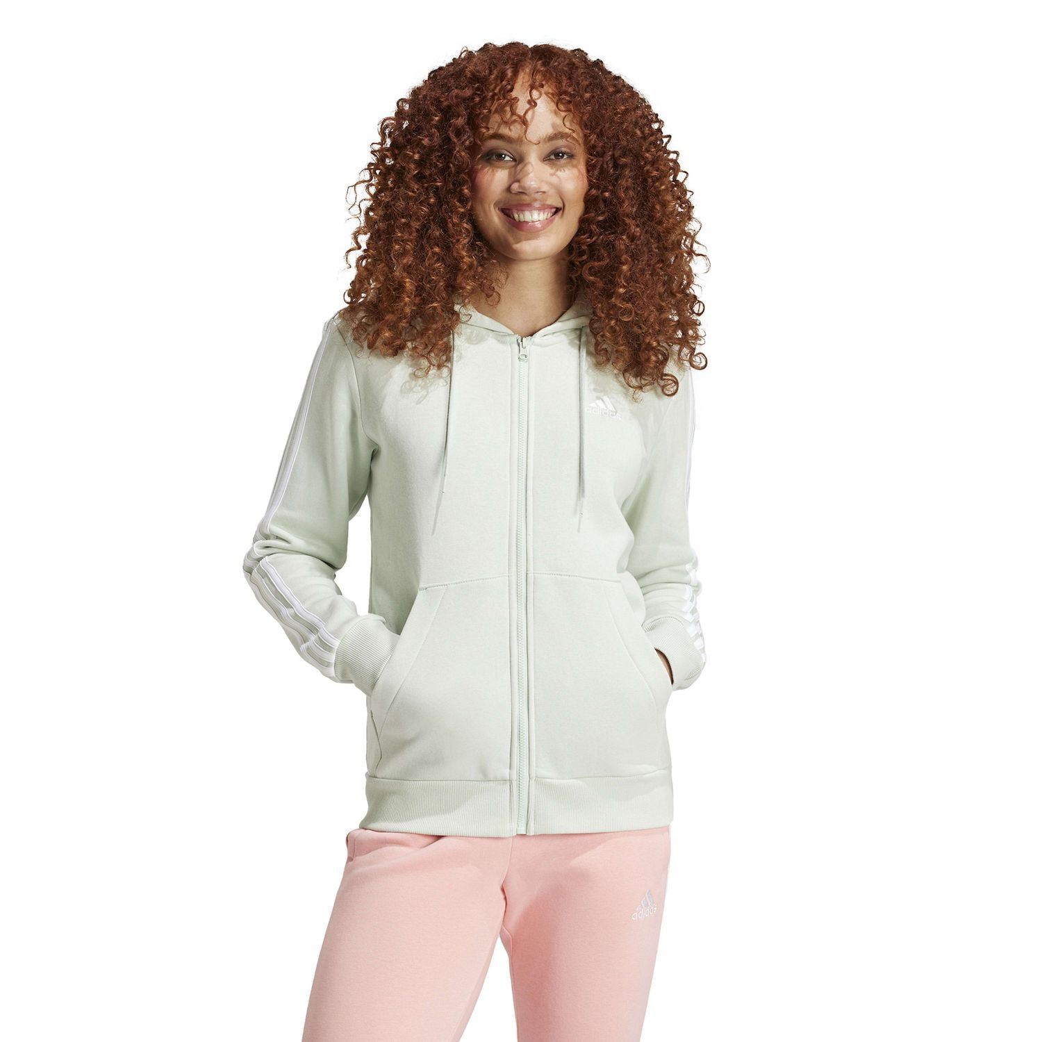 Women's adidas Essentials 3-Stripes Full-Zip Fleece Hoodie Color: Pastel Green Size: X SMALL