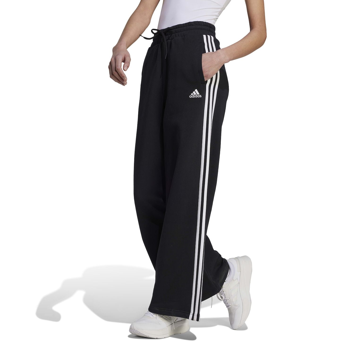 Women s adidas Essentials 3 Stripes Wide Sportswear Pants Color Black Size LARGE Walmart