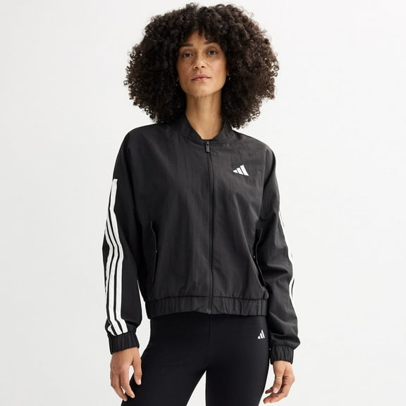 Women's adidas Essentials 3-Stripes Woven Bomber Sportswear Jacket & Sportswear Pants Separates Color: Black White Size: LARGE