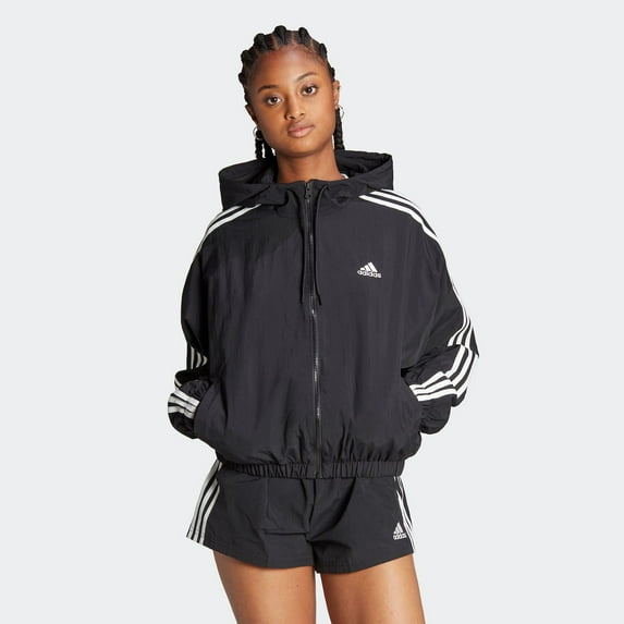 Women's adidas Essentials 3-Stripes Woven Windbreaker Color: Black Size: SMALL