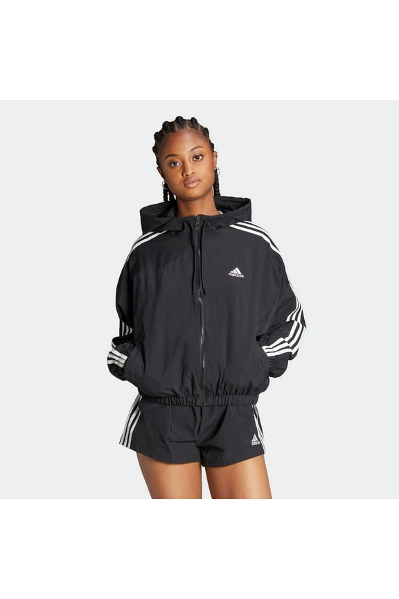 Women's adidas Essentials 3-Stripes Woven Windbreaker Color: Black Size: X SMALL