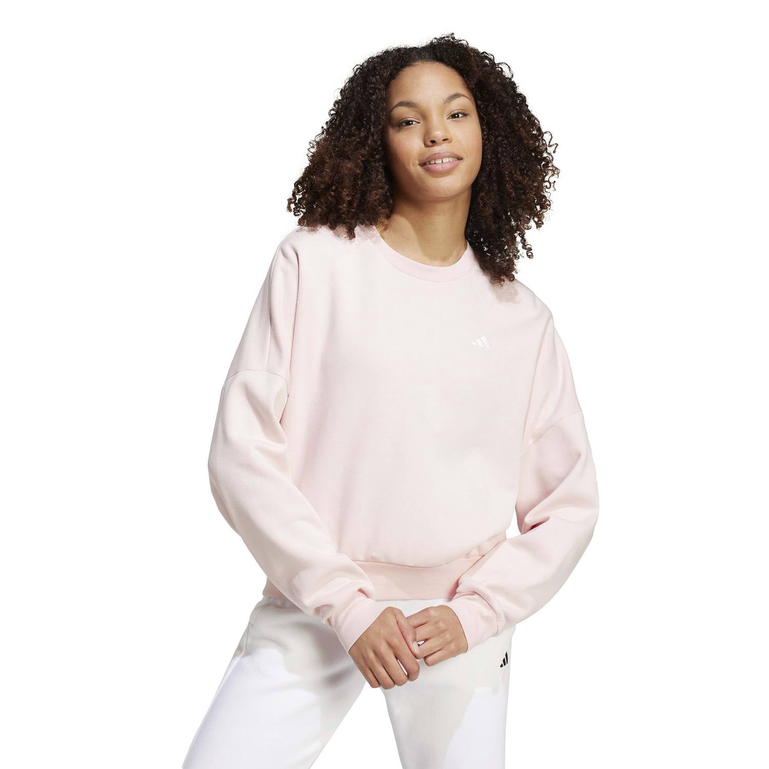 Women's adidas Essentials Feel Cozy Sportswear Sweatshirt Color: Sandy Pink White Size: LARGE