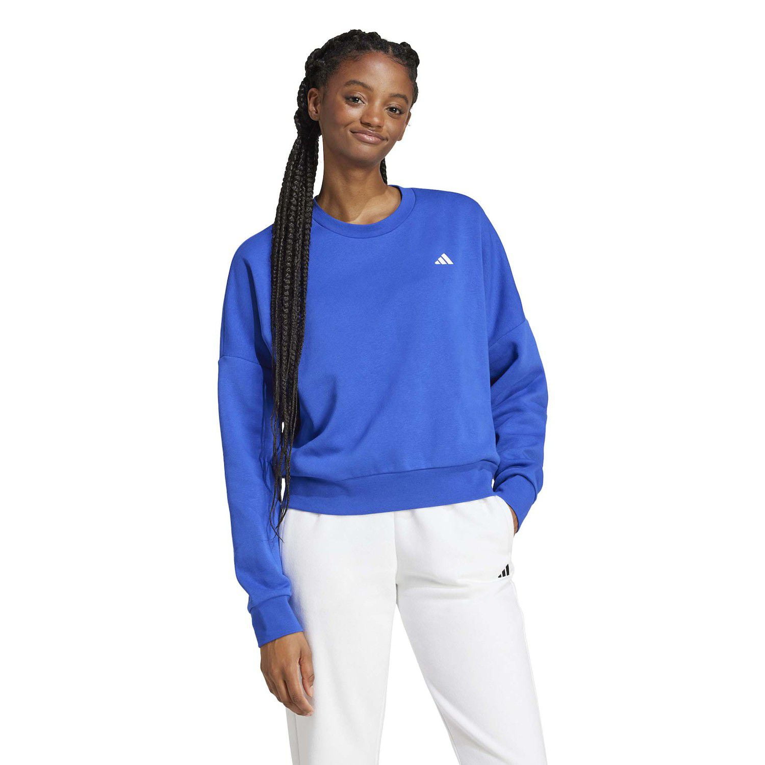 Women's adidas Essentials Feel Cozy Sportswear Sweatshirt Color: Semi Lucid Blue Size: X LARGE