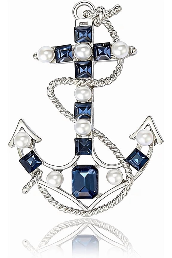 Women's anchor brooch, set with zircon, pearl and cubic zirconia, silver material, anchor pin, nautical-themed jewelry, ocean-themed clothing and accessories.