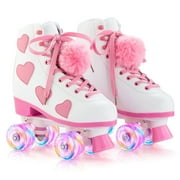Womens and Girls Classic Roller skates with Light up Wheels, High-top PU Leather Rollerskates Love Heart Pattern