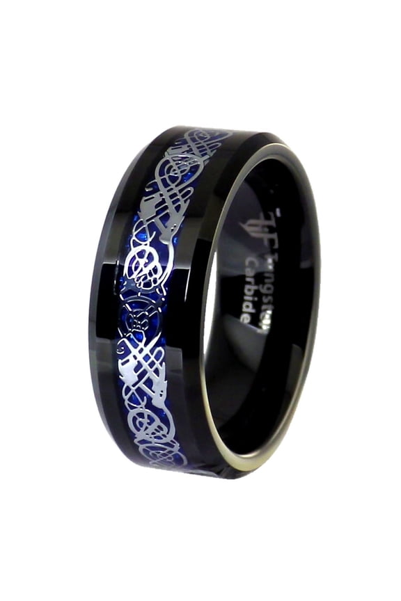 Women's and Men's Dragon Ring Black Tungsten Blue Carbon Fiber