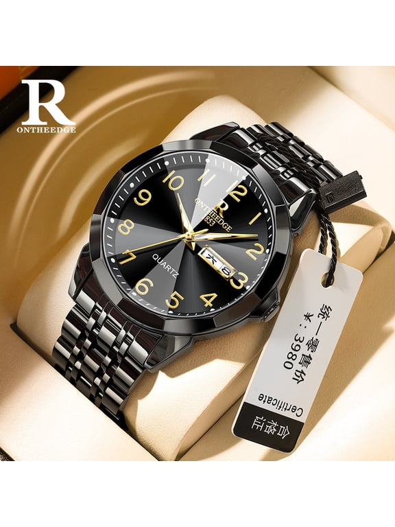 Women's and Men's Quartz Watches, Dual Calendar Diamond Glass Wristwatches for Middle-Aged and Elderly, Luminous Digital Large Dial Waterproof