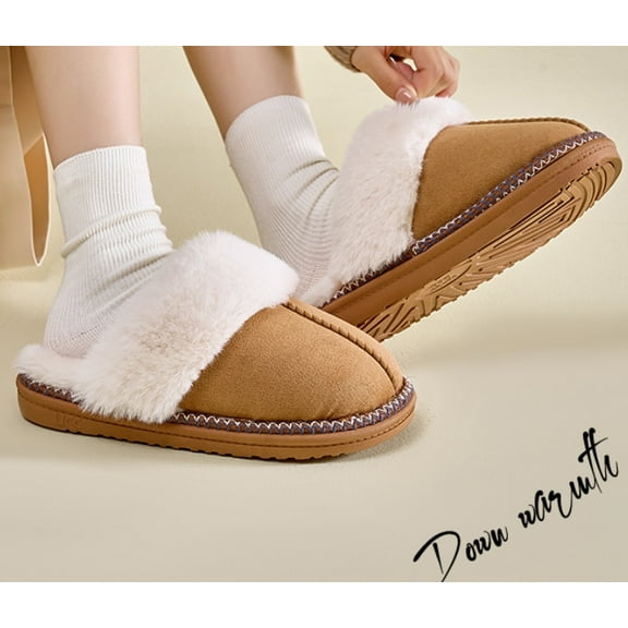 Women's and Men's Suede House Slippers Slip on Fuzzy Slippers with Faux Fur Lining Indoor Outdoor Home Shoes with No-slip Sole