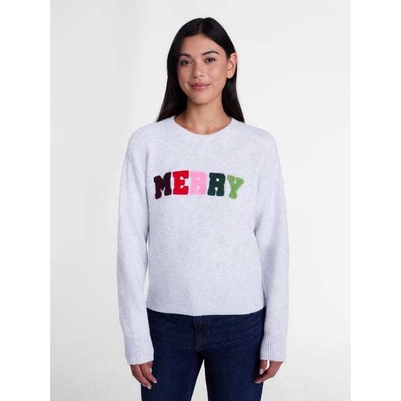 Holiday Time Women's Christmas Merry Appliqué Sweater, Platinum Silver Heather, XS