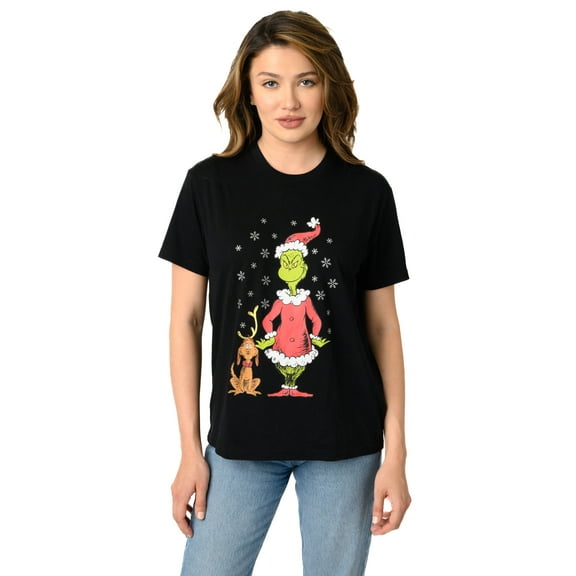 Women's and Women's Plus Dr. Seuss Grinch & Max T-Shirt Christmas Holiday Black