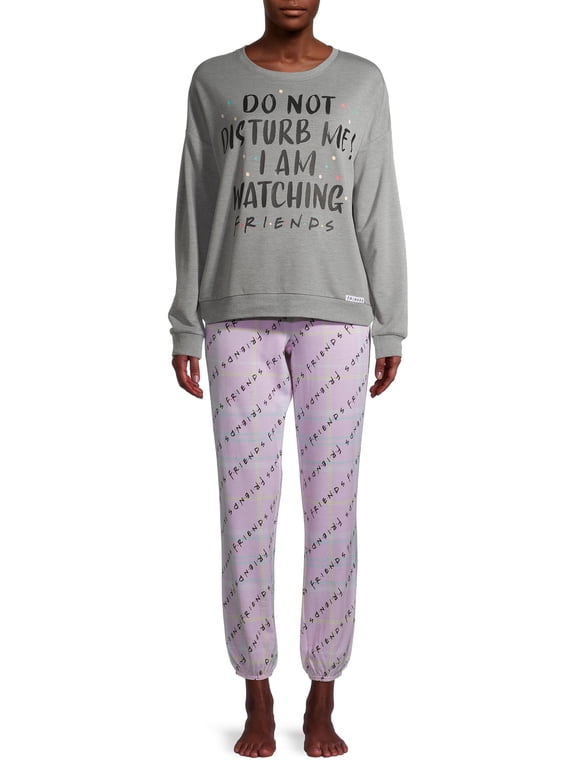Women's and Women's Plus Warner Bros. FRIENDS 2pc set LS Top - Grey & Jogger - Pink - L
