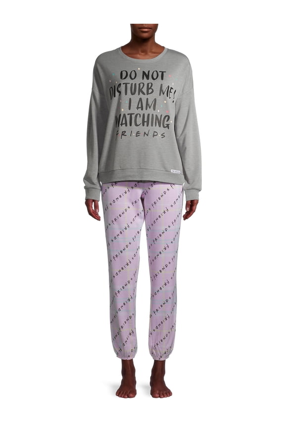 Women's and Women's Plus Warner Bros. FRIENDS 2pc set LS Top - Grey & Jogger - Pink - L