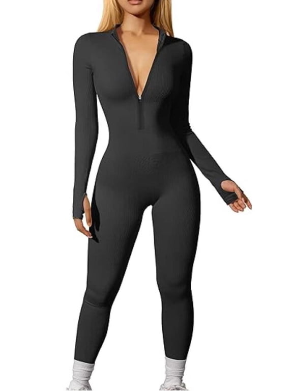 Women's athletic Jumpsuit Workout Ribbed Long Sleeve Zipper Casual Jumpsuit Pants Long Skinny,Women Long Sleeve Ribbed Jumpsuit Zip up Front