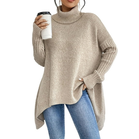 Women's autumn and winter high-neck drop shoulder asymmetrical hem sweater