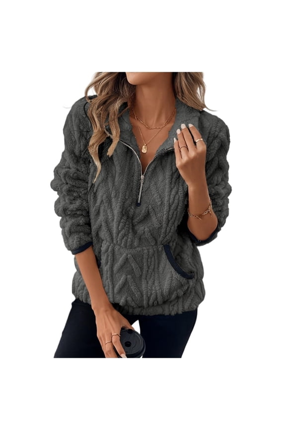 Women's autumn and winter lapelChane1style jacquard half zipper plush pocket short sweatshirt
