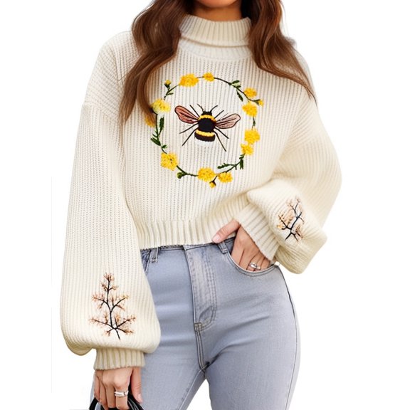 Women's autumn and winter plus size fashion honey flower embroidered turtleneck sweater