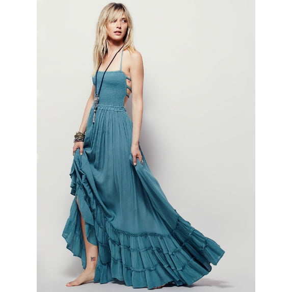 Women's backless bohemian beach maxi cotton dress