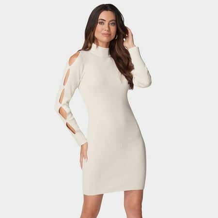Women's bebe Cutout Sleeve Mini Sweater Dress Color: Cream Size: LARGE