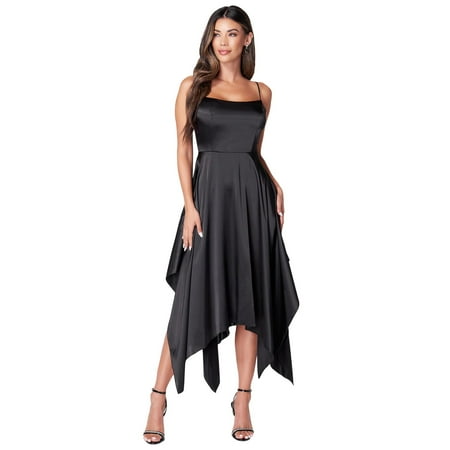 Women's bebe Satin Shark Bite Hem Bow Back Dress Color: Black Size: SMALL