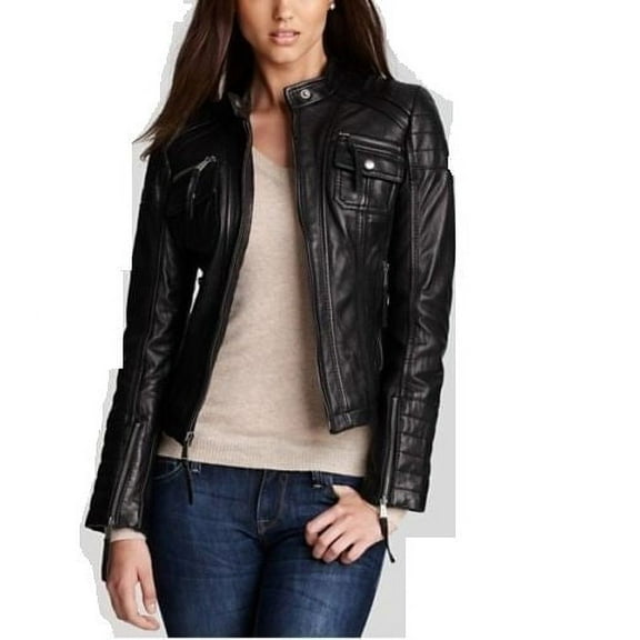 Women's black fitted detailed leather jacket ST0324