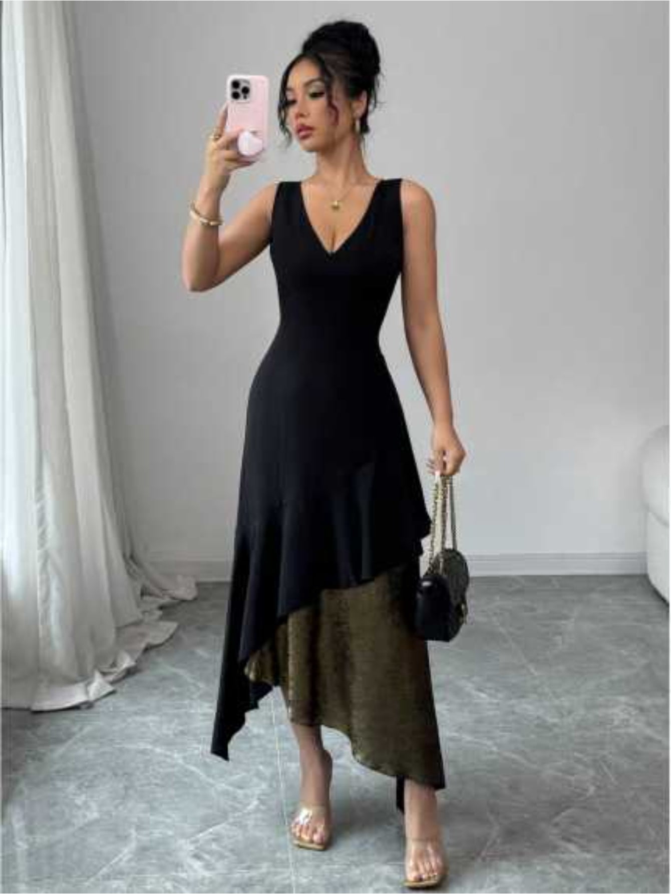 Women's black and gold asymmetric hem dress, with detachable chain shoulder  strap-sleeveless wedding guest dress with one shoulder V-neck, laminated  ruffles and slim waist design, suitable for partie - Walmart.com