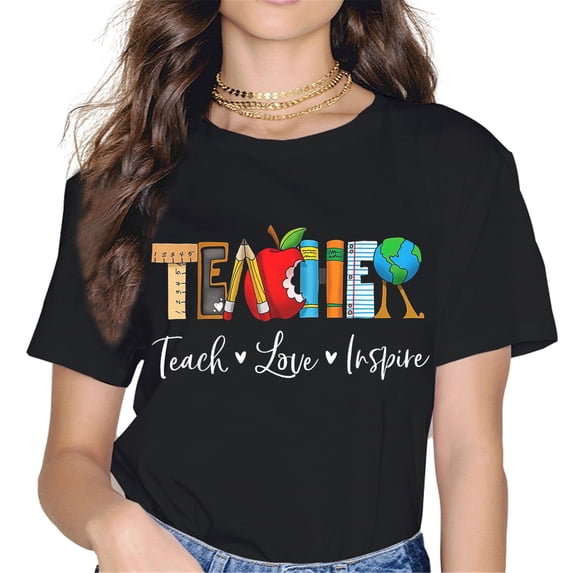 Women's black short-sleeved crew neck colorful printed T-shirt - 163826-1