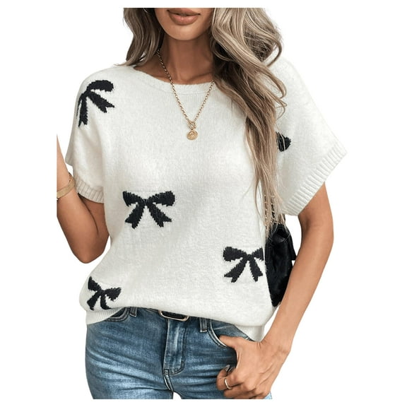 Women's bow tie sweater short sleeved round neck retro Y2k knitted vest