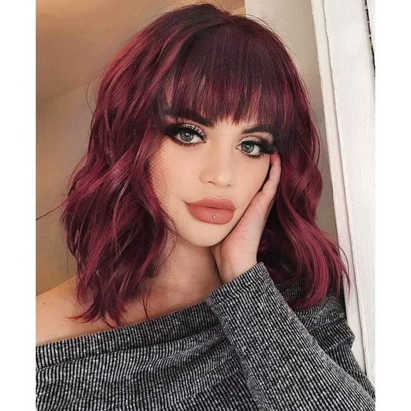 Women's burgundy short curly hair with blunt bangs and wavy wigs