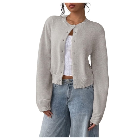 Women's button-down long-sleeved round neck cropped cardigan sweater cute knitted clothing