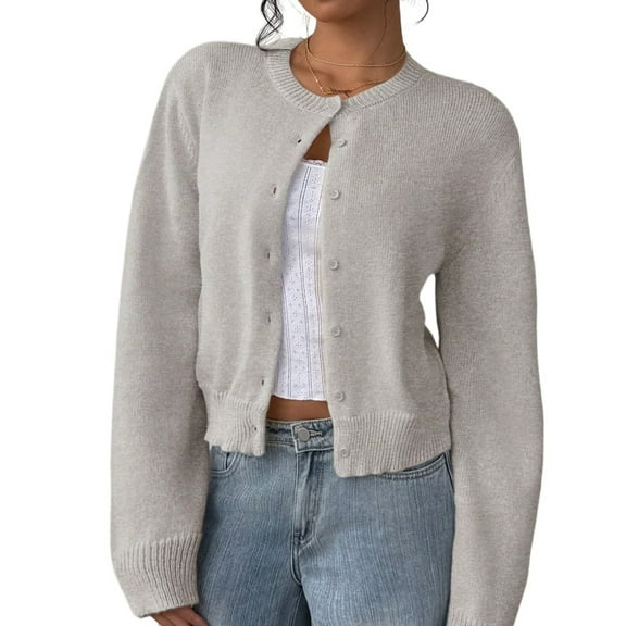 Women's button-down long-sleeved round neck cropped cardigan sweater cute knitted clothing
