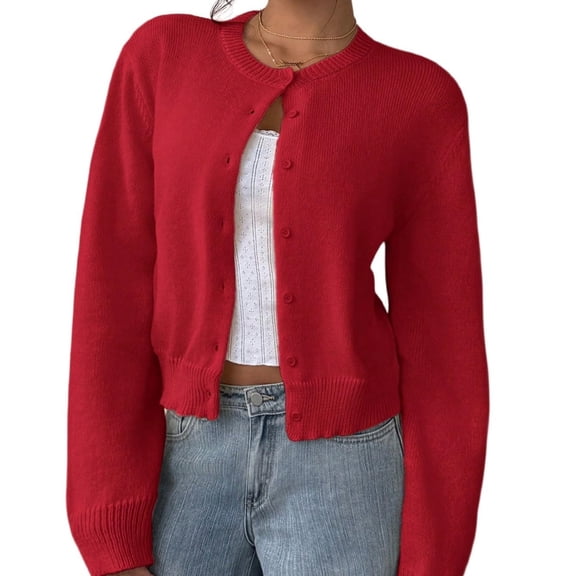 Women's button-down long-sleeved round neck cropped cardigan sweater cute knitted clothing