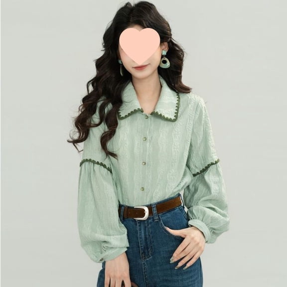 Women's button shirt - Long-sleeved top, printed lantern shirt, casual and versatile women's wear (Size M)