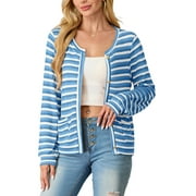 JWD Women's cardigan long sleeved button knit stripe with pocket Purple Red L