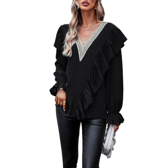 Women's casual bohemian V-neck long-sleeved ruffle sleeve blouse loose shirts