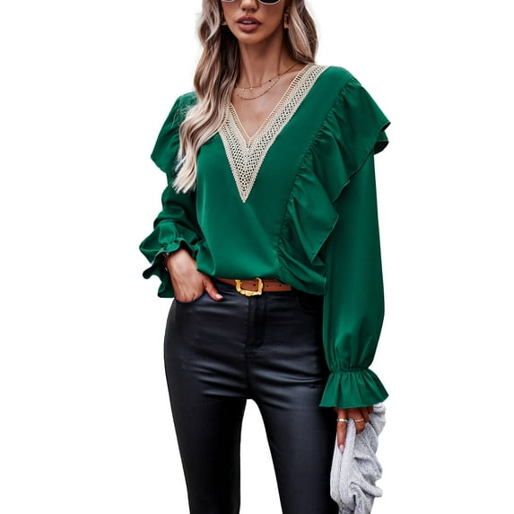 Women's casual bohemian V-neck long-sleeved ruffle sleeve blouse loose shirts