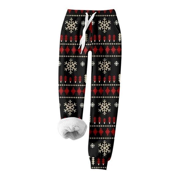 Women's casual fashion home Christmas print plush sweatpants, Comfortable and Warm Winter Pants for Indoor Lounge and Sleepwear, Elastic Waist with Drawstring, Deep Red, 2XL
