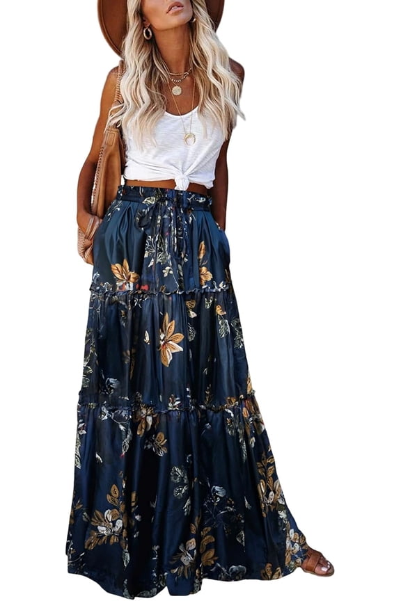 Women's casual high waist tie printed long maxi skirt,