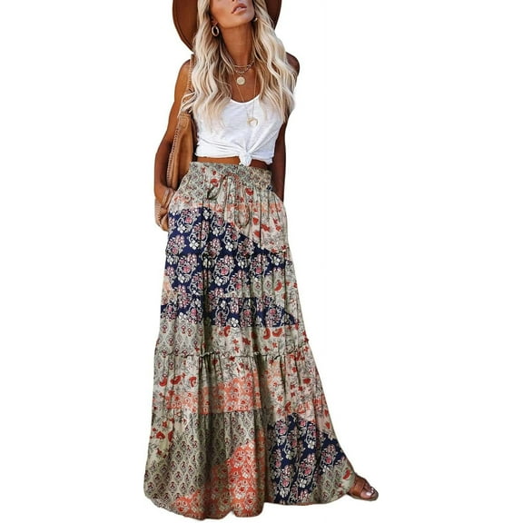 Women's casual high waist tie printed long maxi skirt,
