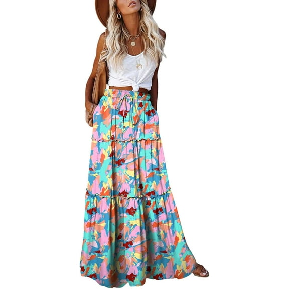 Women's casual high waist tie printed long maxi skirt,