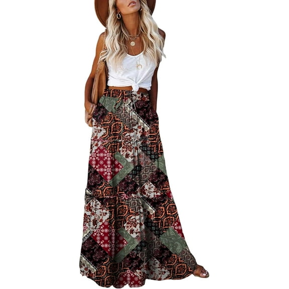 Women's casual high waist tie printed long maxi skirt,