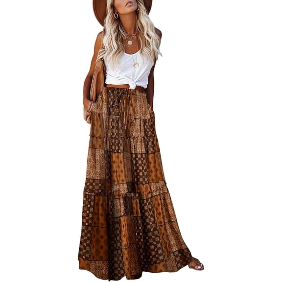 Women's casual high waist tie printed long maxi skirt,