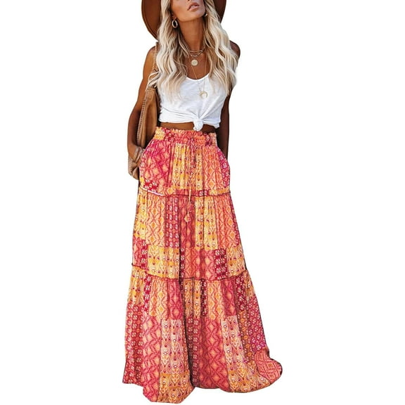 Women's casual high waist tie printed long maxi skirt,