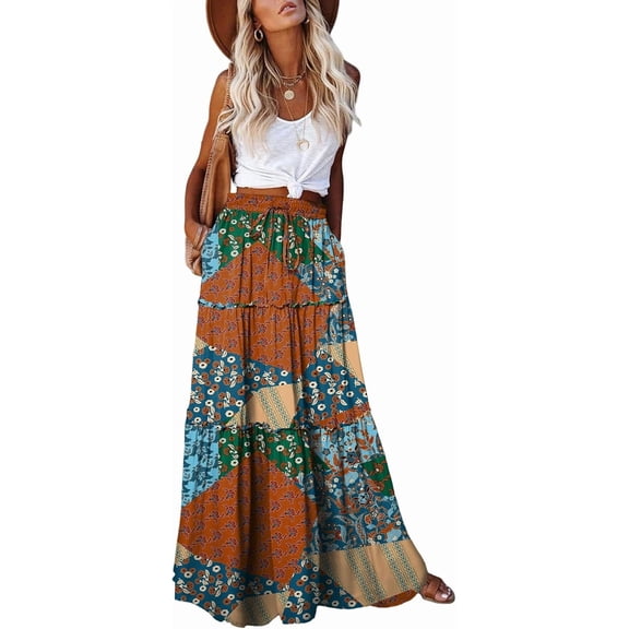 Women's casual high waist tie printed long maxi skirt,